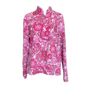 Vintage 60s 70s Style Pink Printed Mock Neck Long Sleeve Top size women‘s medium